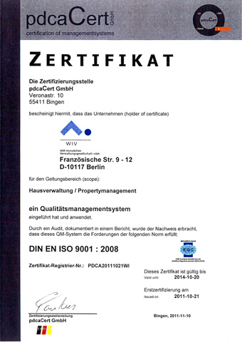Qualitätsmanagement Zertifikat WIV